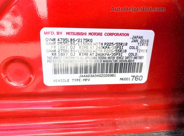 JA4AD3A34GZ026961 2016 MITSUBISHI OUTLANDER Red 