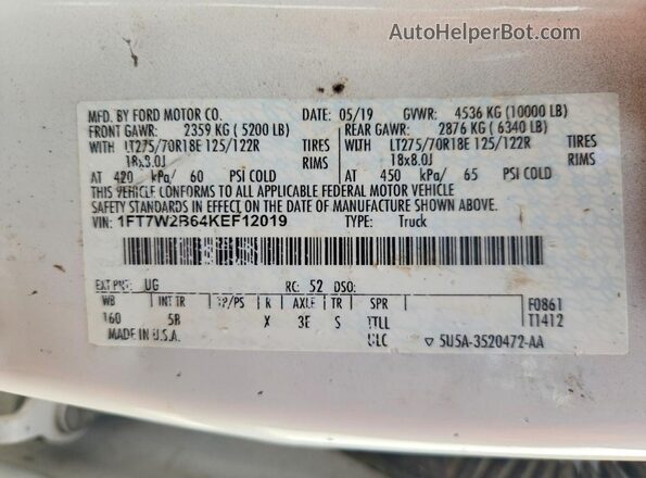 1FT7W2B64KEF12019 2019 FORD F250 White 