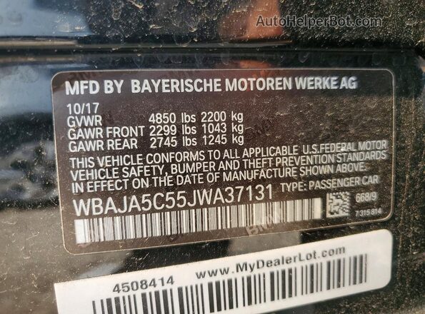 WBAJA5C55JWA37131 2018 BMW 5 SERIES Black Vista de la etiqueta del VIN