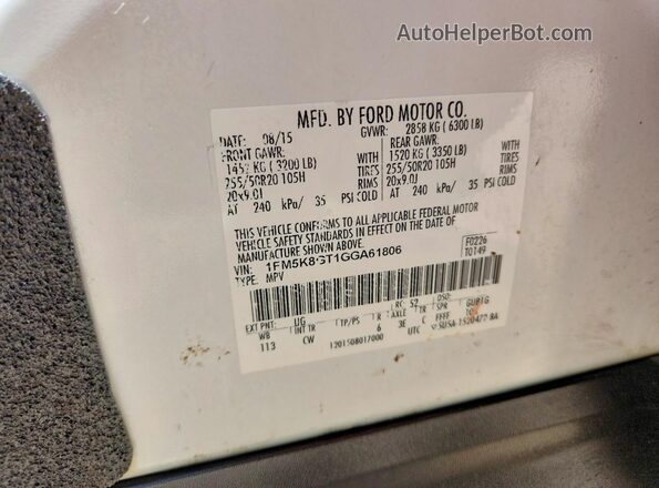 1FM5K8GT1GGA61806 2016 FORD EXPLORER White 