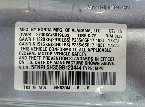 5FNRL5H35GB123444 2016 HONDA ODYSSEY Серебряный Панорамный вид салона 360°