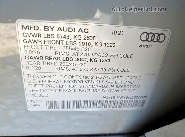 WA1B4AFY9N2025663 2022 AUDI SQ5 Gray 360 interior view