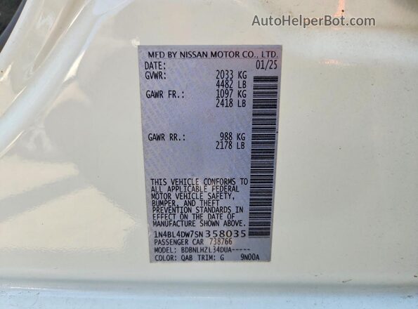 1N4BL4DW7SN358035 2025 NISSAN ALTIMA White VIN კოდის სტიკერის ხედი