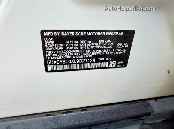 5UXCY6C0XL9D21128 2020 BMW X6 Белый 