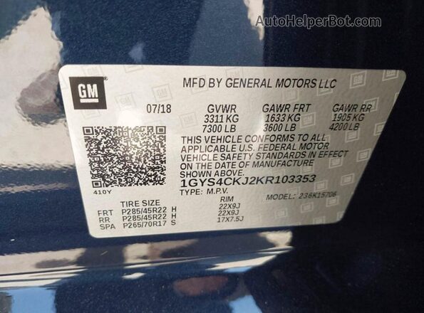 1GYS4CKJ2KR103353 2019 CADILLAC ESCALADE Blue Սալոնի հետևի տեսք