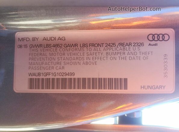 WAUB1GFF1G1029499 2016 AUDI S3 Silver VIN կոդի պիտակի տեսք