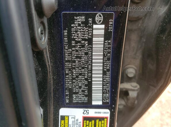 4T1B11HK2KU268573 2019 TOYOTA CAMRY Black 