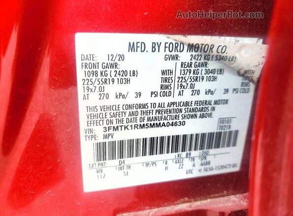 3FMTK1RM5MMA04630 2021 FORD MUSTANG Red სალონის 360-გრადუსიანი ხედი