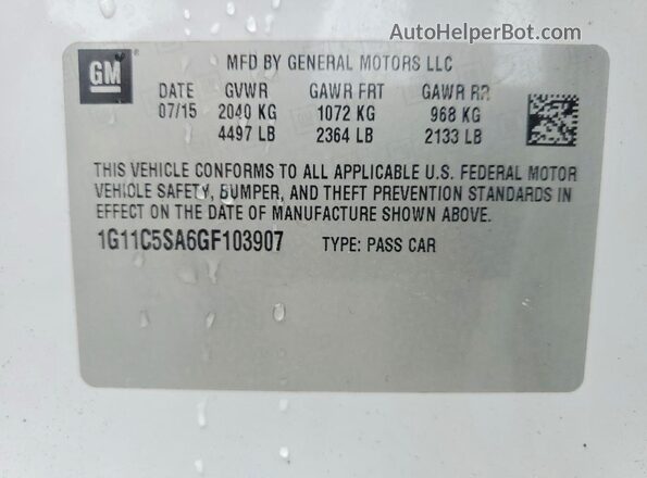 1G11C5SA6GF103907 2016 CHEVROLET MALIBU White VIN sticker view