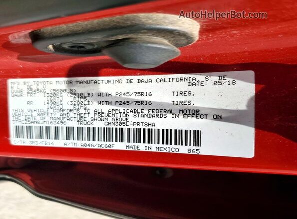 3TMCZ5AN0JM163496 2018 TOYOTA TACOMA Red VIN կոդի պիտակի տեսք