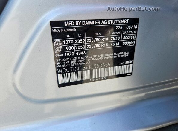 WDCTG4EB8KJ553559 2019 MERCEDES-BENZ GLA-CLASS Silver VIN կոդի պիտակի տեսք