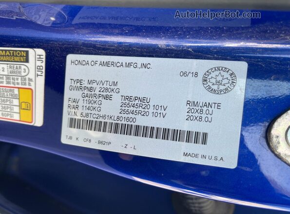 5J8TC2H61KL801600 2019 ACURA RDX Синий 