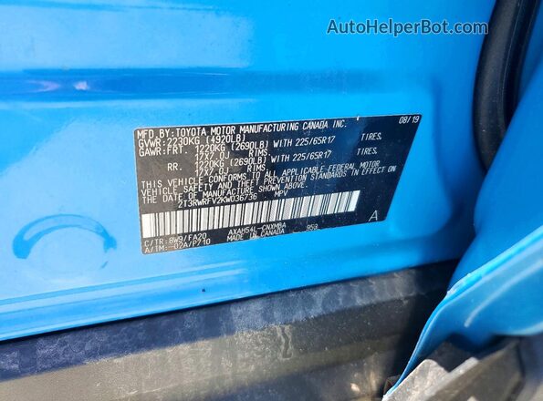 2T3RWRFV2KW036736 2019 TOYOTA RAV4 Blue VIN კოდის სტიკერის ხედი