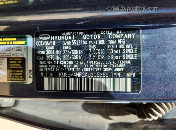 KM8SM4HF2KU305259 2019 HYUNDAI SANTA FE Синий Панорамный вид салона 360°