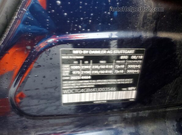 WDCTG4GB6KU003546 2019 MERCEDES-BENZ GLA Blue 360 interior view