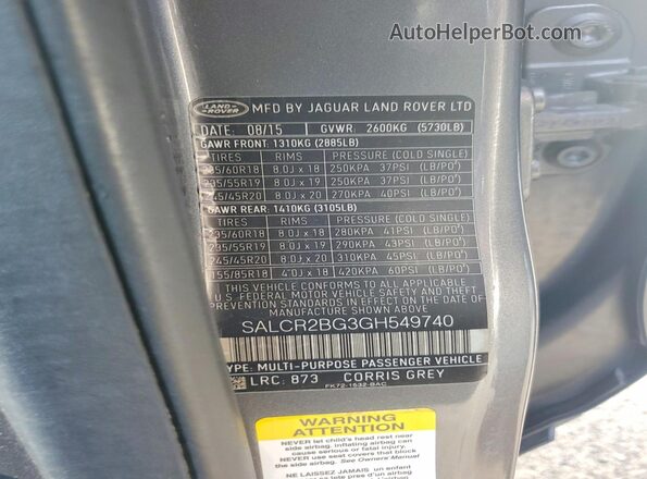 SALCR2BG3GH549740 2016 LAND ROVER DISCOVERY Gray Vista interior de 360 grados