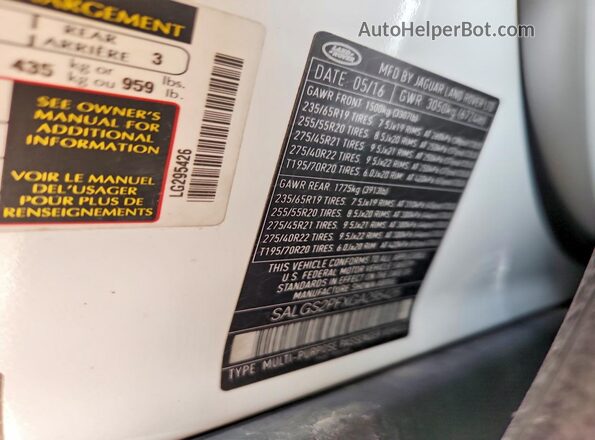 SALGS2PFXGA295426 2016 LAND ROVER RANGE White 