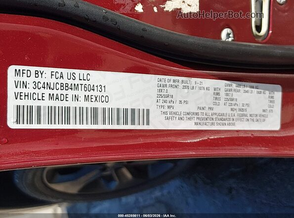 3C4NJCBB4MT604131 2021 JEEP COMPASS Burgundy Engine compartment view