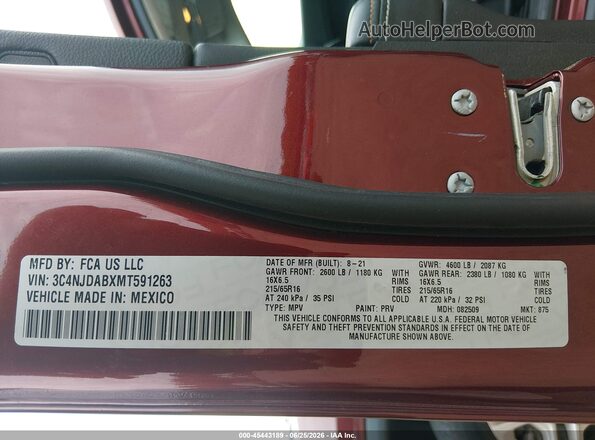 3C4NJDABXMT591263 2021 JEEP COMPASS Бордовый Вид подкапотного пространства