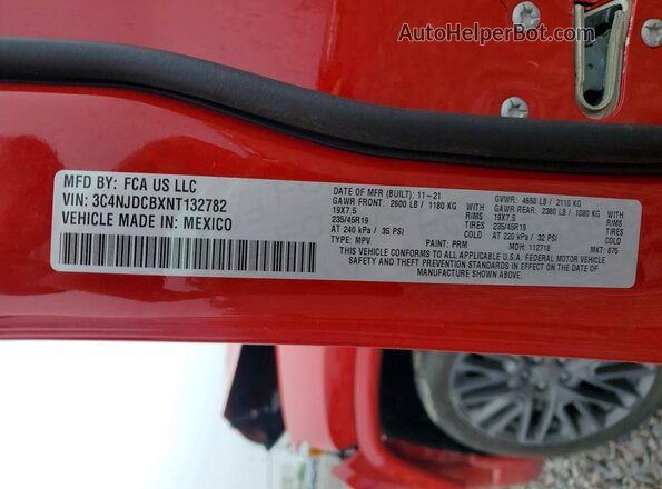 3C4NJDCBXNT132782 2022 JEEP COMPASS Red VIN კოდის სტიკერის ხედი