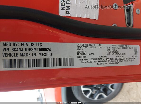 3C4NJDDB3MT600624 2021 JEEP COMPASS Оранжевый Вид подкапотного пространства
