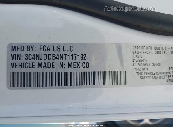3C4NJDDB4NT117192 2022 JEEP COMPASS White Вид підкапотного простору