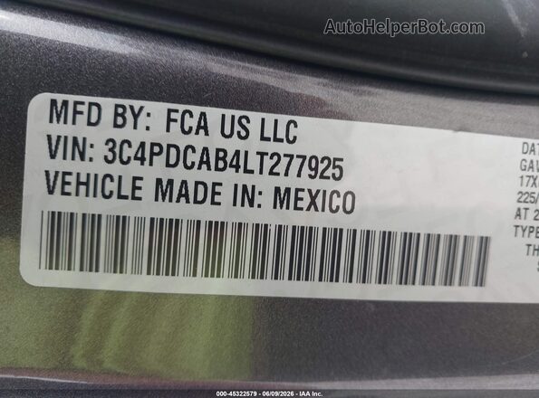 3C4PDCAB4LT277925 2020 DODGE JOURNEY Gray Շարժիչի բաժամունքի տեսք