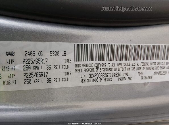 3C4PDCAB5GT104534 2016 DODGE JOURNEY Gray Շարժիչի բաժամունքի տեսք