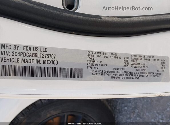 3C4PDCAB6LT275707 2020 DODGE JOURNEY White Vista del compartimento del motor