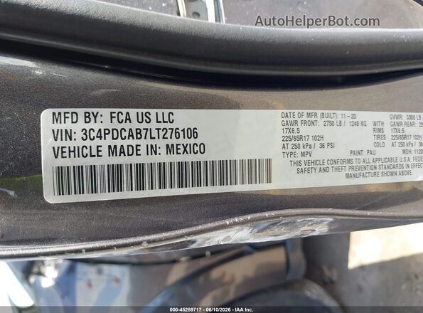 3C4PDCAB7LT276106 2020 DODGE JOURNEY Gray Engine compartment view