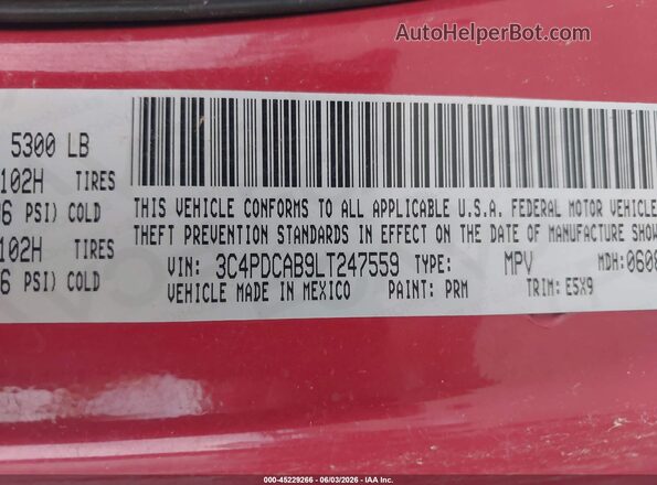 3C4PDCAB9LT247559 2020 DODGE JOURNEY Red Widok komory silnika