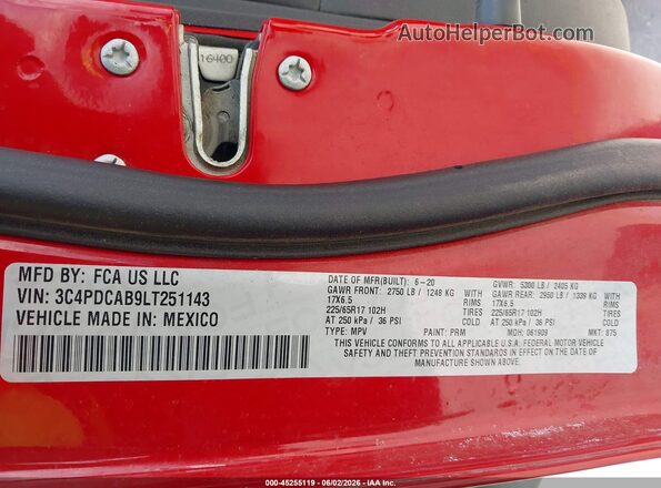3C4PDCAB9LT251143 2020 DODGE JOURNEY Красный Вид подкапотного пространства