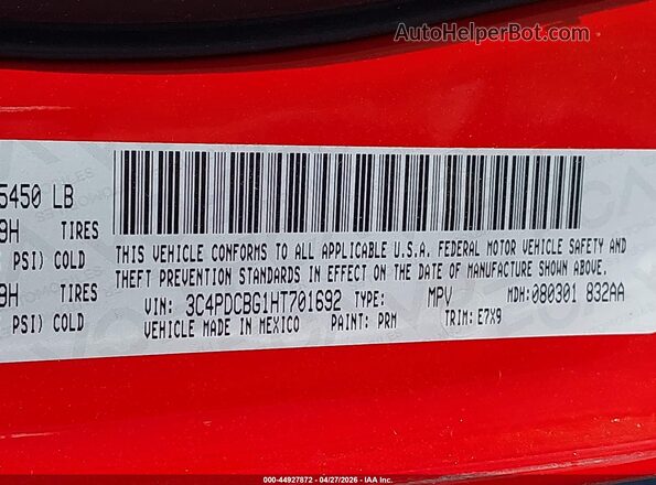 3C4PDCBG1HT701692 2017 DODGE JOURNEY Красный Вид подкапотного пространства