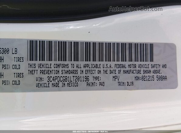 3C4PDCGB1LT201196 2020 DODGE JOURNEY Белый Вид подкапотного пространства