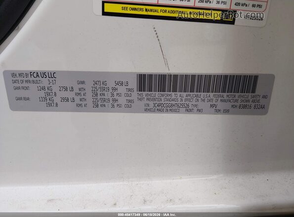 3C4PDCGG8HT625526 2017 DODGE JOURNEY White Widok komory silnika