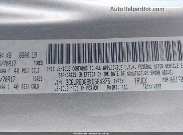 3C6JR6DG9KG584375 2019 RAM 1500 CLASSIC Silver Вид підкапотного простору