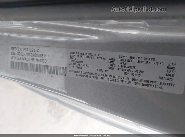 3C6JR7DG2MG600814 2021 RAM 1500 CLASSIC Gray Вид підкапотного простору