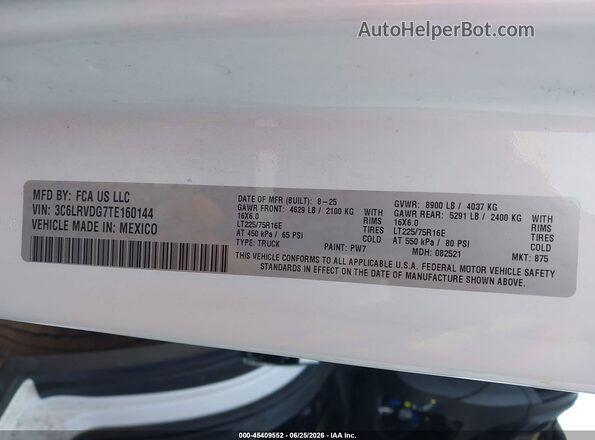 3C6LRVDG7TE160144 2026 RAM PROMASTER 2500 Белый Вид подкапотного пространства