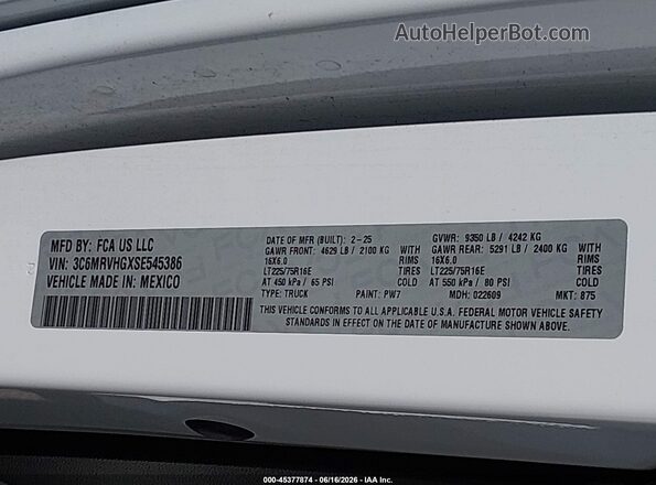 3C6MRVHGXSE545386 2025 RAM PROMASTER 3500 White 