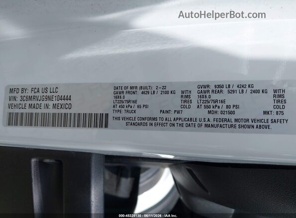 3C6MRVJG9NE104444 2022 RAM PROMASTER 3500 White Engine compartment view