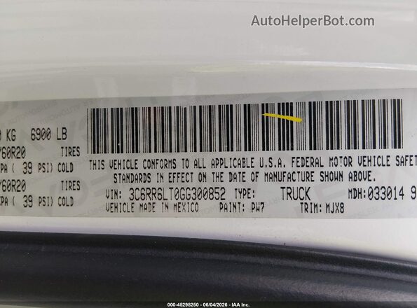 3C6RR6LT0GG300852 2016 RAM 1500 White Вид підкапотного простору