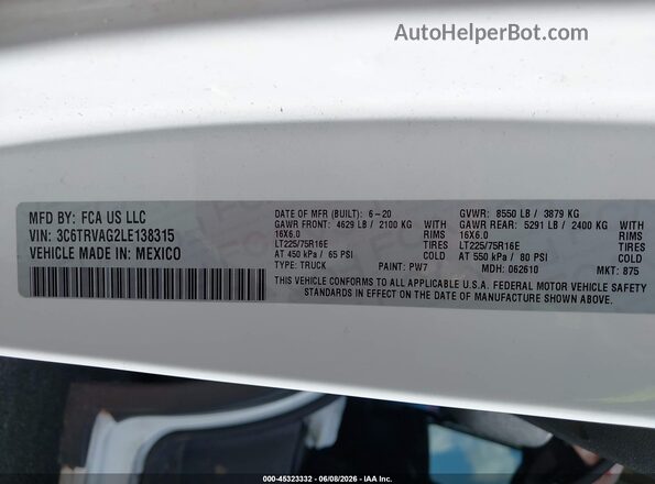 3C6TRVAG2LE138315 2020 RAM PROMASTER 1500 White 
