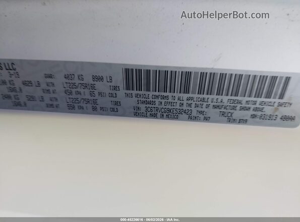 3C6TRVCG9KE532423 2019 RAM PROMASTER 2500 White Widok komory silnika