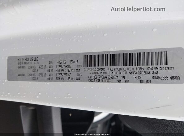 3C6TRVCGXKE539574 2019 RAM PROMASTER 2500 Белый Вид подкапотного пространства