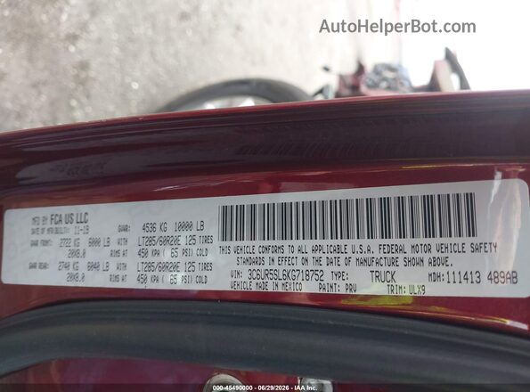 3C6UR5SL6KG718752 2019 RAM 2500 Burgundy Вид підкапотного простору
