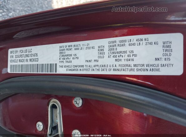 3C6UR5TL9NG101476 2022 RAM 2500 Burgundy ძრავის განყოფილების ხედი