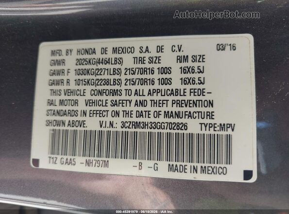 3CZRM3H33GG702826 2016 HONDA CR-V Gray Вид підкапотного простору