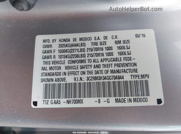 3CZRM3H34GG704844 2016 HONDA CR-V Silver Engine compartment view
