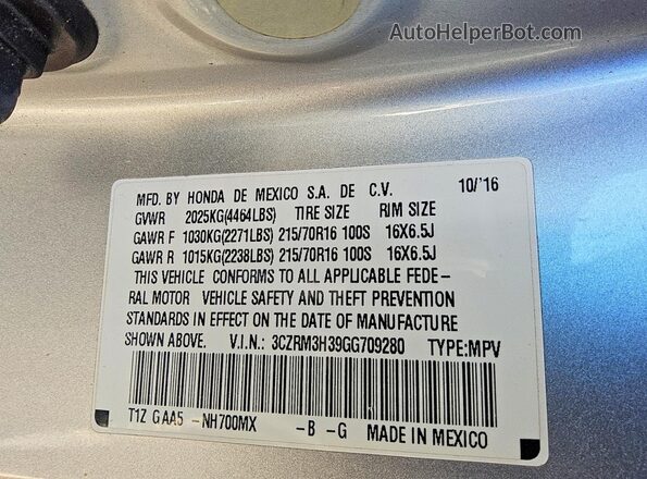 3CZRM3H39GG709280 2016 HONDA CR-V Silver VIN კოდის სტიკერის ხედი