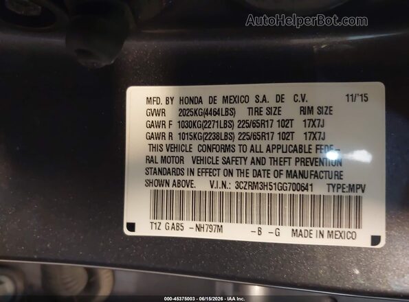 3CZRM3H51GG700641 2016 HONDA CR-V Gray Вид підкапотного простору
